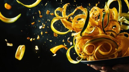 Zucchini noodles, chips, and spices levitating against a black backdrop.