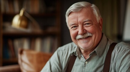 Smiling elderly man with grey hair indoors.