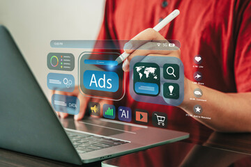 Businessman using computer with online marketing concept, digital marketing analysis, brand analysis, advertising on website and social media.