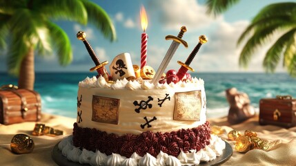 Pirate themed birthday cake on beach.