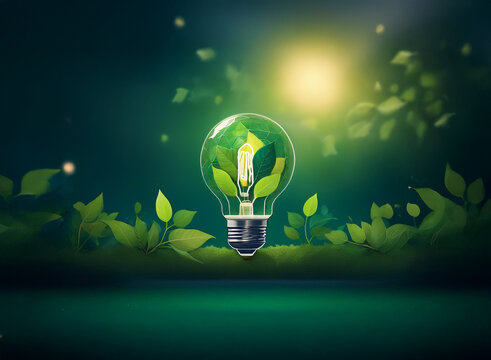 Glowing lightbulb filled with lush green leaves, symbolizing eco-friendly energy and sustainable growth.  Surrounded by foliage, it evokes a sense of nature's power and renewable resources.