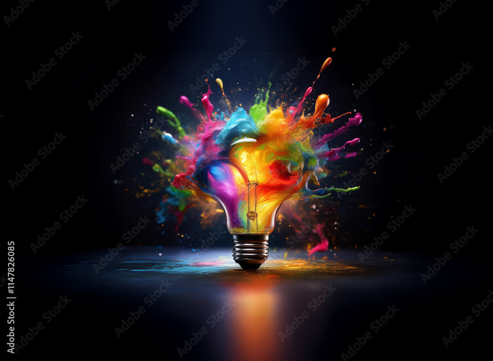 Aufkleber A vibrant lightbulb explodes in a colorful paint splash against a dark background, symbolizing creativity and innovation.
