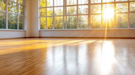 Fototapeta premium The golden glow filtering in through the windows casts a warm and inviting light over the empty classroom, creating a serene and peaceful atmosphere within the quiet space.