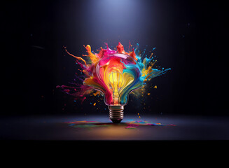 A vibrant lightbulb explodes with multicolored paint, symbolizing creativity and innovative thinking. The image is dark, emphasizing the brilliance of the idea.