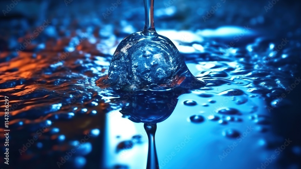 Poster sparkling water drop creating ripples in a blue liquid surface