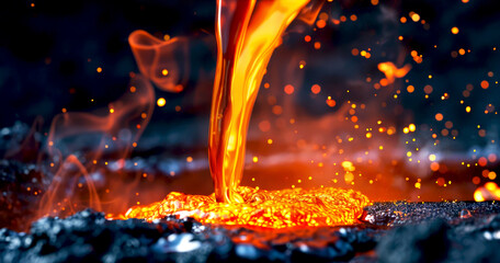 A close-up of flowing molten lava with sparks and embers against a dark background. Generative AI.