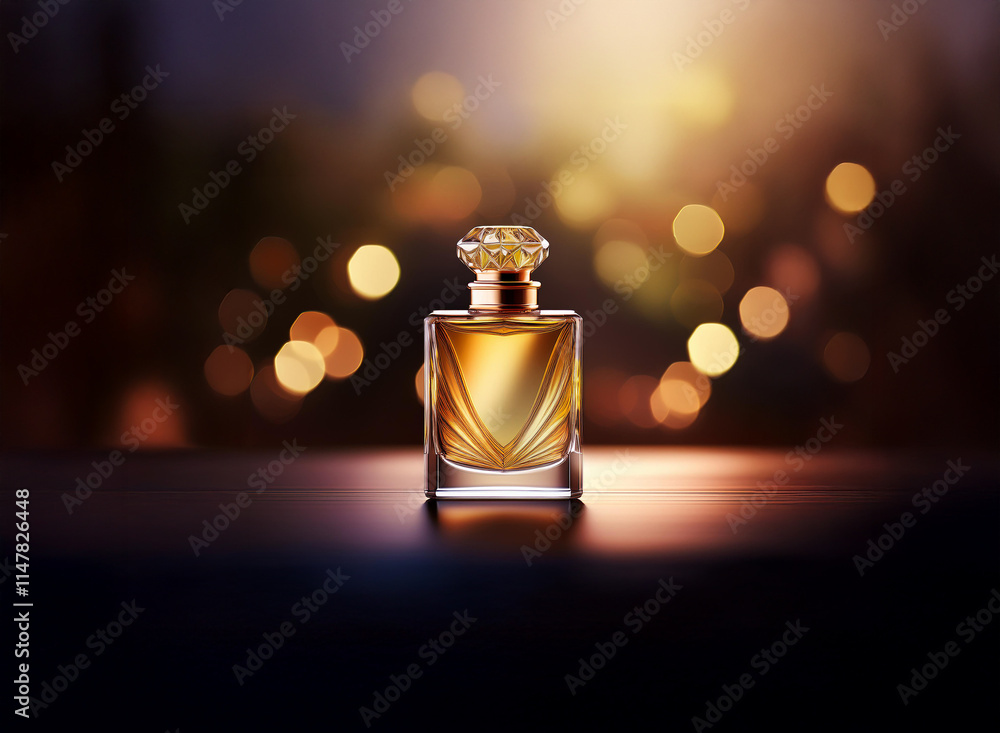 Poster a luxurious perfume bottle with a golden hue sits on a dark surface, bathed in warm, bokeh-like ligh