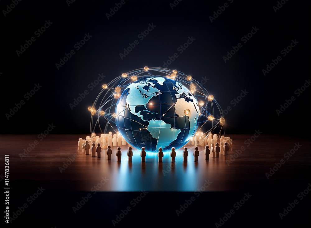 Poster a glowing earth encircled by a network of connections, surrounded by small figures, symbolizes globa