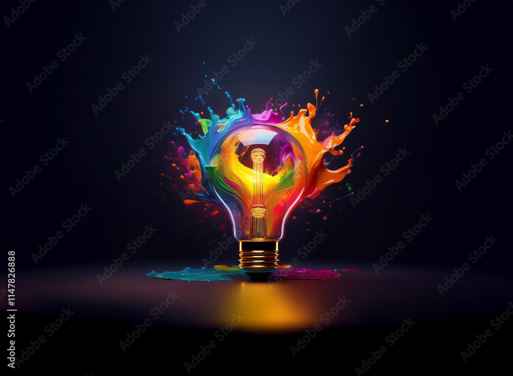Poster a vibrant lightbulb explodes with a splash of colorful paint, symbolizing creativity and innovation.