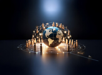 Global network concept.  Wooden figures encircle a glowing Earth, interconnected by lines of light, symbolizing worldwide communication and connection.