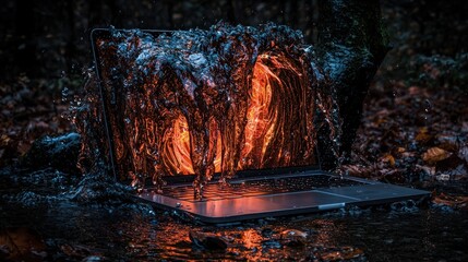 Laptop engulfed in fiery water, outdoors.