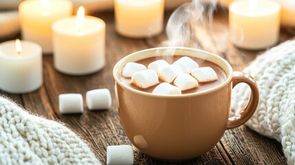 A steaming cup of rich, velvety hot chocolate, adorned with fluffy white marshmallows, sits on a rustic wooden table surrounded by flickering candles and soft, knit blankets in a cozy winter cabin.