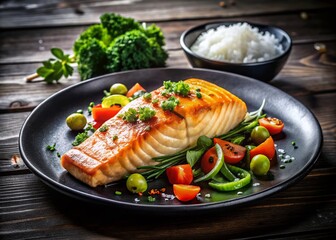 Delicious Grilled Salmon Recipe:  Black Plate, Wooden Table, Fashion Food Photography