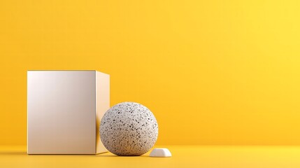 A striking composition featuring a large, polished metal cube juxtaposed against a rough-textured granite sphere, showcasing the dynamic contrast between sleek and organic forms. The vibrant solid