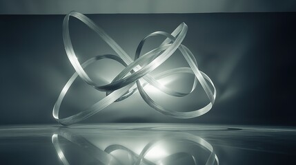 geometric sculpture of interlocking rings suspended mid-air over reflective surface under directional lighting