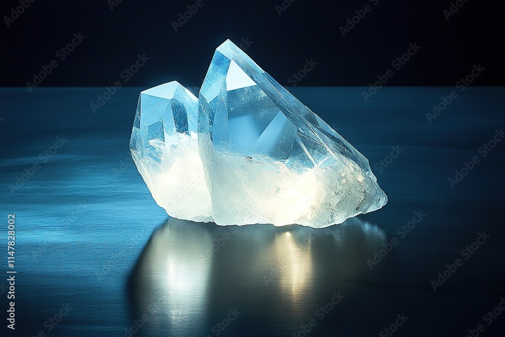 Poster glowing crystal shard displayed on smooth dark surface under soft directional light