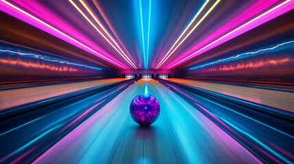 Vibrant Neon Bowling Alley with a Bowling Ball Rolling Down the Lane
