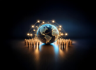 Glowing Earth encircled by interconnected nodes and surrounded by a crowd of figures, symbolizing global connectivity and community.