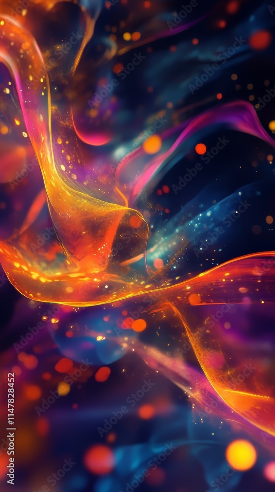 Poster vibrant abstract image featuring colorful smoke and light trails with bokeh effect on a dark backgro