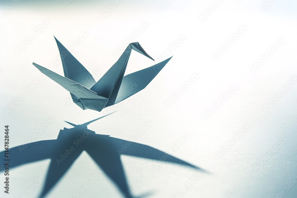 Poster paper crane seemingly in flight with its shadow cast gently on matte white surface under soft natura
