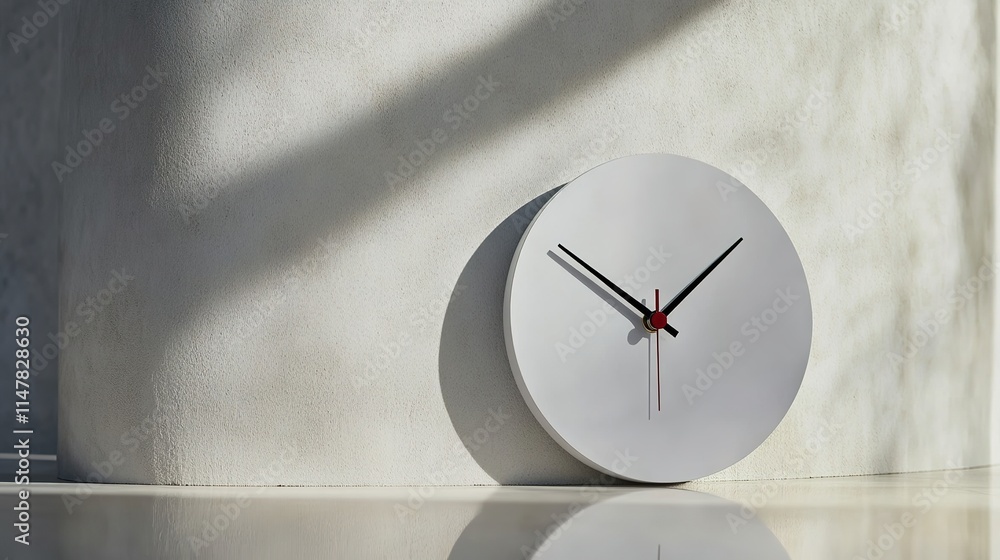 Poster single clock face without hands displayed on smooth matte surface with softly blurred background