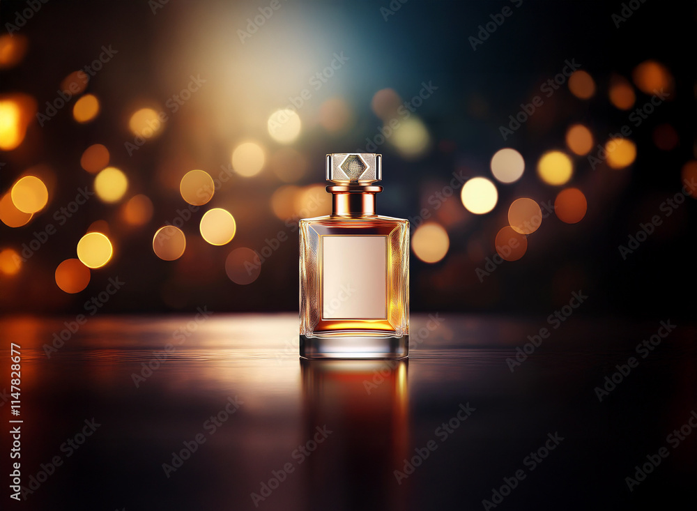 Aufkleber a luxurious perfume bottle with amber liquid sits on a reflective surface, illuminated by warm bokeh