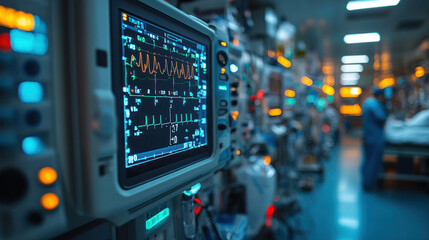 Naklejka premium A close-up of a ventilator and monitors tracking vital signs in a critical care unit