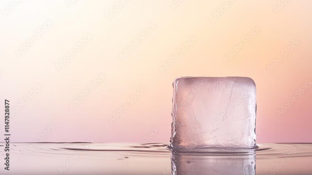 Poster single melting ice cube resting on glass surface with faint water trails and blurred gradient backgr
