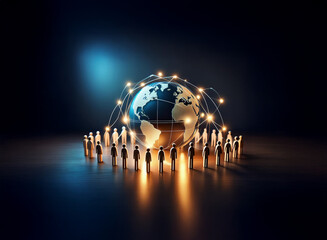 A glowing Earth encircled by a network, surrounded by a ring of figures, symbolizing global connection and community.  The scene is dark, with dramatic lighting highlighting the network and figures.