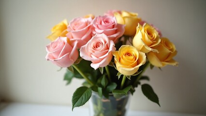 Obraz premium In a vase pink and yellow roses - backdrop for a birthday, Valentine's Day, Mother's Day, wedding, engagement