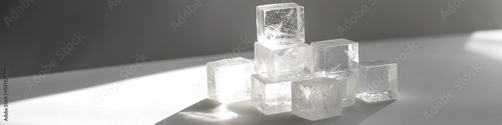 Poster stack of delicate crystal cubes displayed on smooth matte white surface under soft directional light