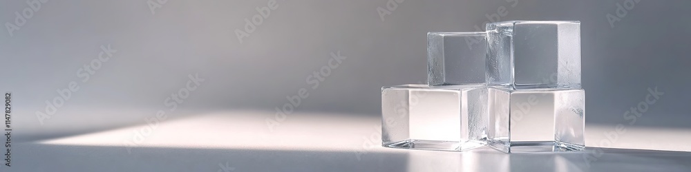 Poster stack of delicate crystal cubes displayed on smooth matte white surface under soft directional light