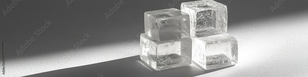 Poster stack of delicate crystal cubes displayed on smooth matte white surface under soft directional light