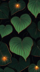 Fototapeta premium Glowing Heart-Shaped Leaves on Dark Background: Nature's Luminous Patterns