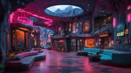 Obraz premium Neon-lit futuristic cave bar, city view.