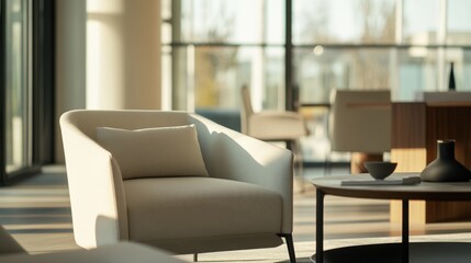 Fototapeta premium Minimalist modern lounge with clean, elegant design. Featuring sleek furnishings and neutral colors