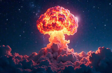 The explosion of a supermassive galaxy is depicted as a column of gas and dust, with neon accents against a dark blue gradient background of space and stars.