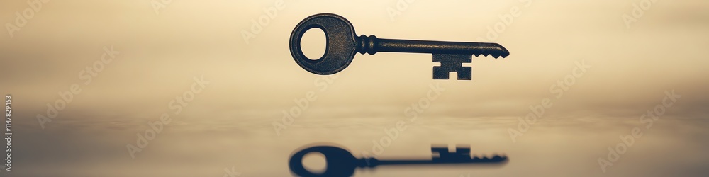 Poster vintage key floating just above reflective surface with its shadow diffused on blurred neutral backd