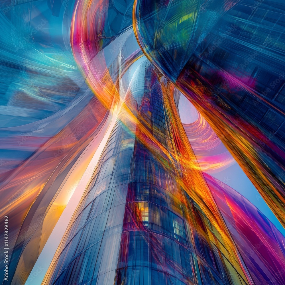 Poster abstract background showcasing a futuristic skyscraper, highlighted by vibrant, swirling colors and 