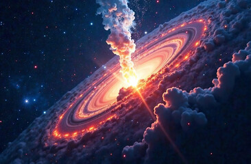 The explosion of a supermassive galaxy is depicted as a column of gas and dust, with neon accents against a dark blue gradient background of space and stars.