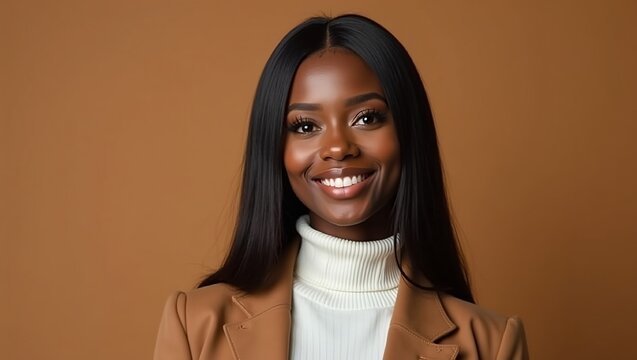young black woman with dark straight long hair and a confident smile wearing a white turtleneck top and a brown blazer on a brown background