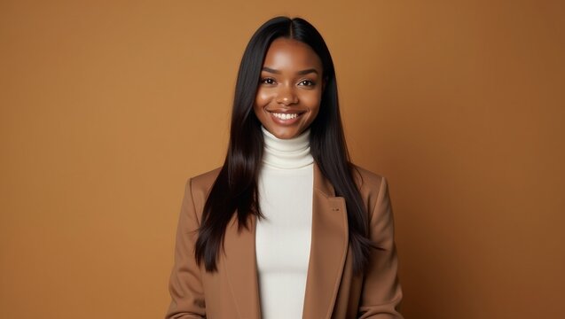 young black woman with dark straight long hair and a confident smile wearing a white turtleneck top and a brown blazer on a brown background