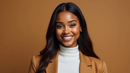 young black woman with dark straight long hair and a confident smile wearing a white turtleneck top and a brown blazer on a brown background