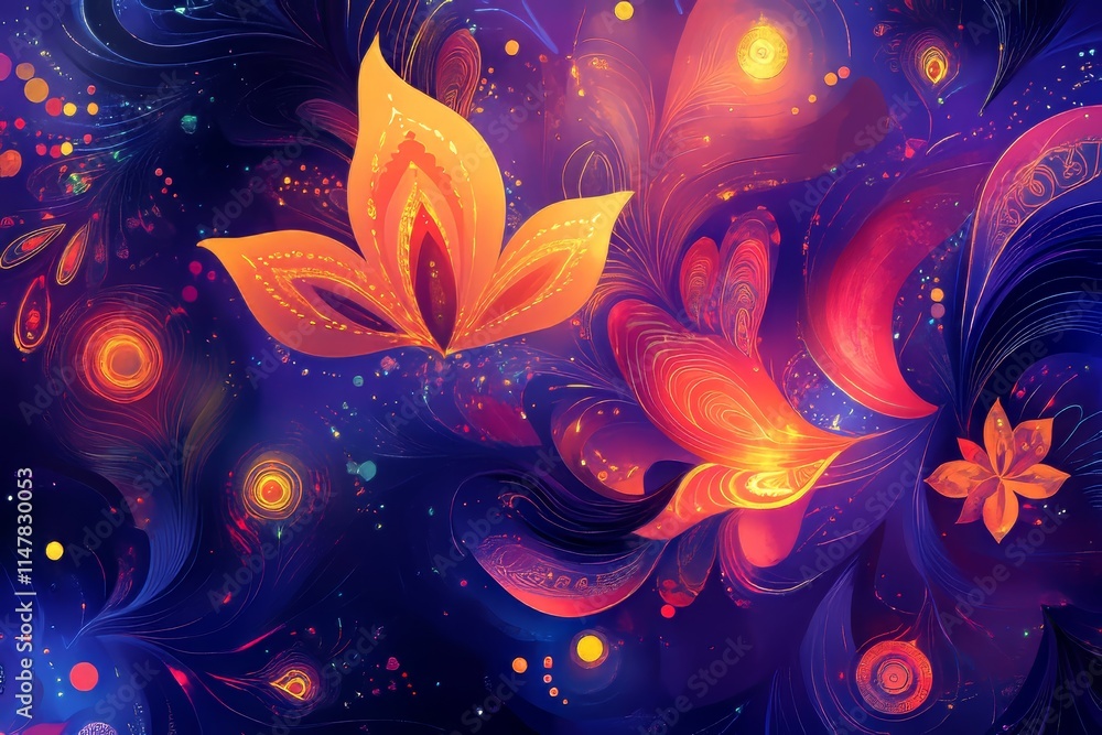 Poster abstract background with a dynamic fusion of colors and festive patterns for diwali.