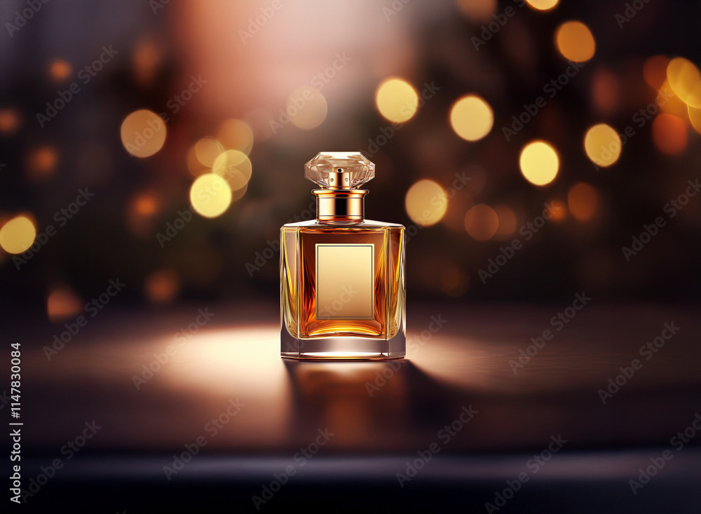 Poster a luxurious amber perfume bottle sits on a dark surface, illuminated by warm, bokeh-style lights in 