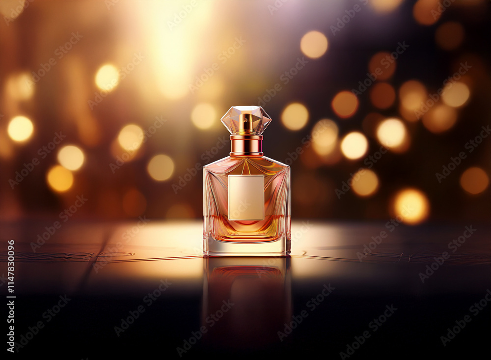 Poster elegant amber perfume bottle on reflective surface, illuminated by warm bokeh lights. a luxurious an