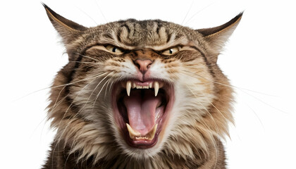Aggressive Maine Coon Cat Portrait: A Close-up of a Growling Feline with Bared Teeth and Intense Gaze