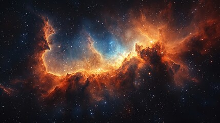 Fototapeta premium Cosmic nebula, fiery orange, blue hues, scattered stars.