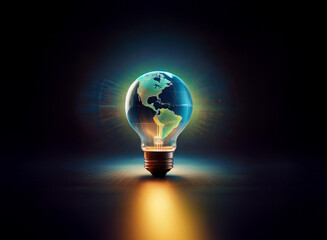 A glowing light bulb reveals a miniature Earth, symbolizing global energy and sustainability.  The image evokes ideas of innovation and a brighter future.