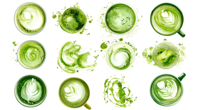 Matcha Latte Art Splashes, Swirls, and Creamy Green Delight